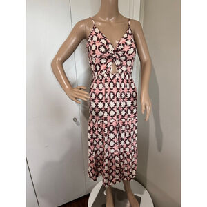 Women's LOFT Petite maxi Dress 6P Pink Brown cut out Tie-Front adjustable straps